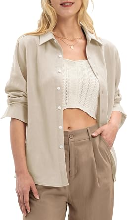 Womens Linen Button Down Shirts Lyocell Blend Long Sleeve Collared Blouses Regular Fit for Work Everyday Wear