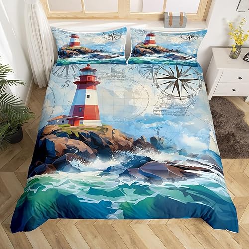 Juego de funda de edredón de olas oceánicas, tamaño Queen, brújula retro faro, velero, juego de ropa de cama náutica para mujeres, hombres y niños,