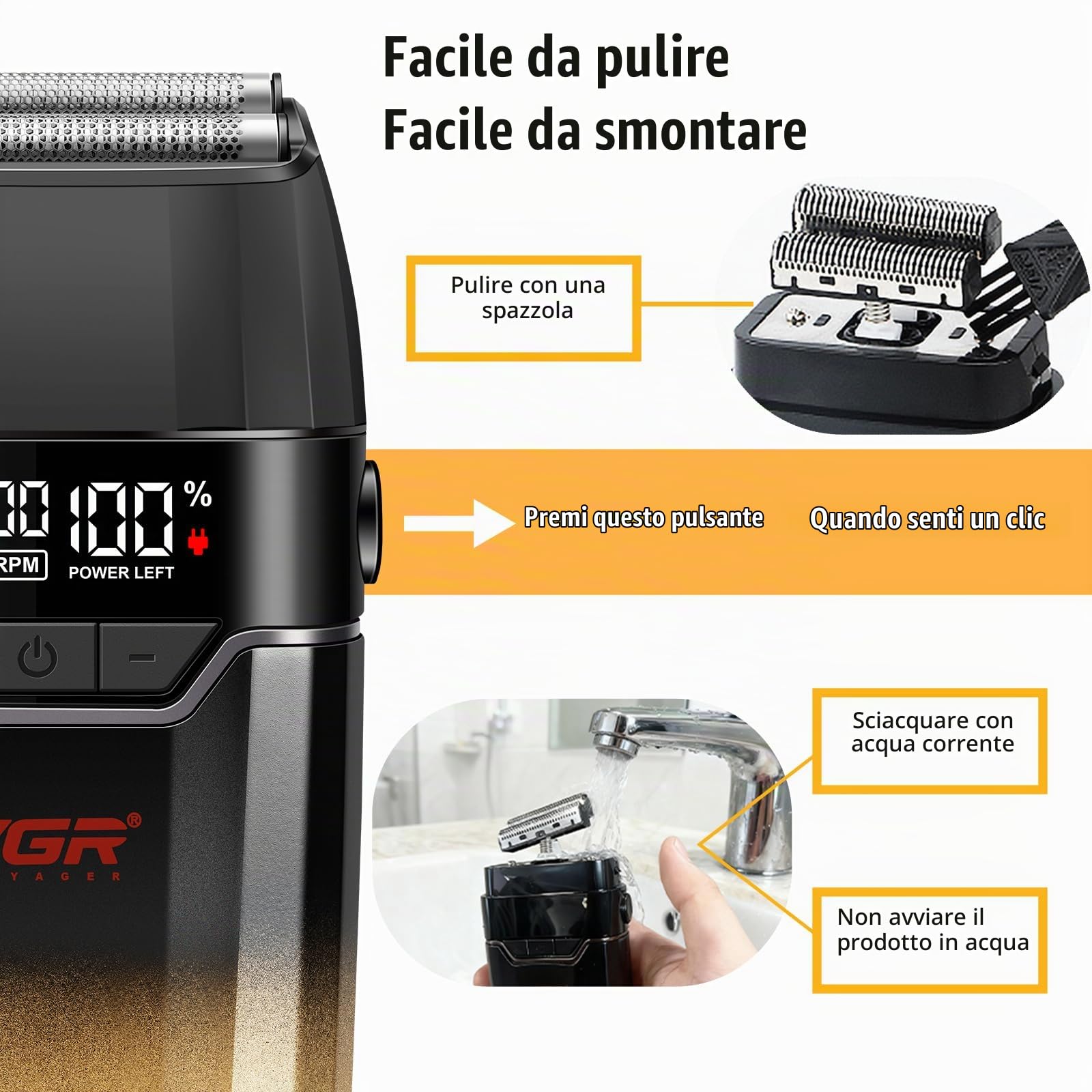 VGR 308 Rasoio Elettrico Barba Professionale Senza Fili, Foil Shaver con Lama a Doppio Strato in Titanio Floating E Motore da 9000RPM, Rasoio Barba Elettrico con Display LED, Ricarica USB, Oro