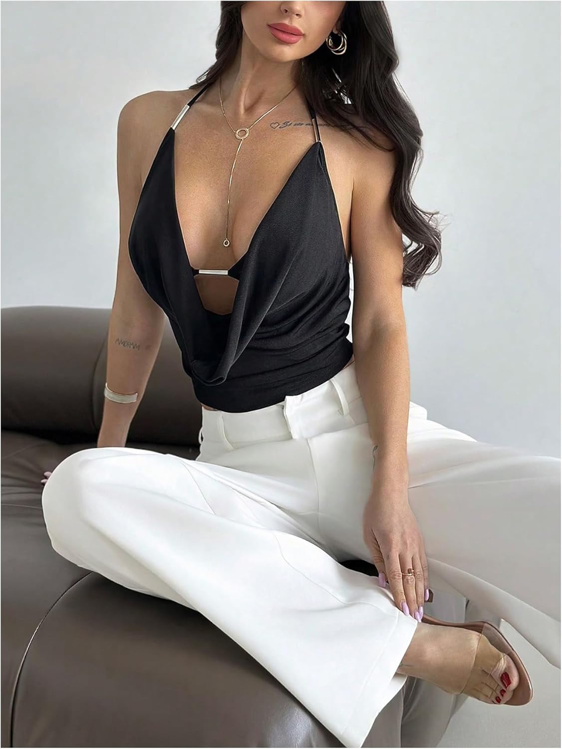 Floerns Women's Draped Cowl Neck Crop Halter Tops Metal Linked Rave Open Back Cami Top - Image 5