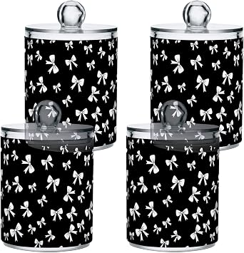 Gredecor 4 Pack Qtip Holder Clear Cute White Bow on Black Apothecary Jars with Lids Acrylic Bathroom Jars Vanity Countertop Canister Storage Organizer for Cotton Ball,Swabs,Pads,Floss