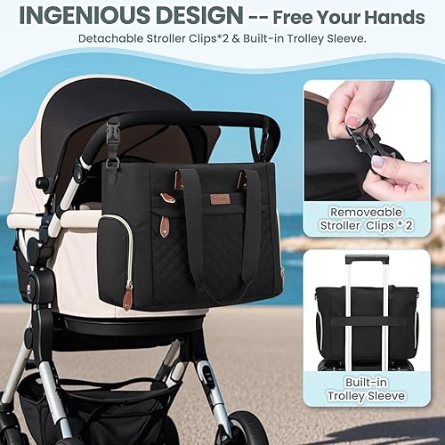 Miniatura 5 de Bolsa de pañales para mamá que trabaja, bolsa de pañales de viaje grande para mamá y papá con funda para laptop de 14 pulgadas, bolsa de maternidad