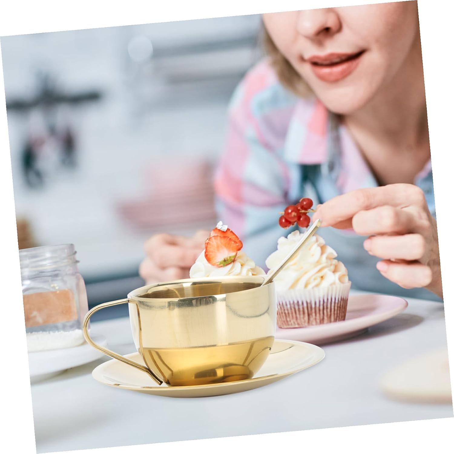 Hemobllo Stainless Steel Coffee Cup Set with Spoon and Saucer Tea Cup Set for Latte Cappuccino Milk Juice 4.13 X 3.14 X 2.16 in Home and Office Drinkware