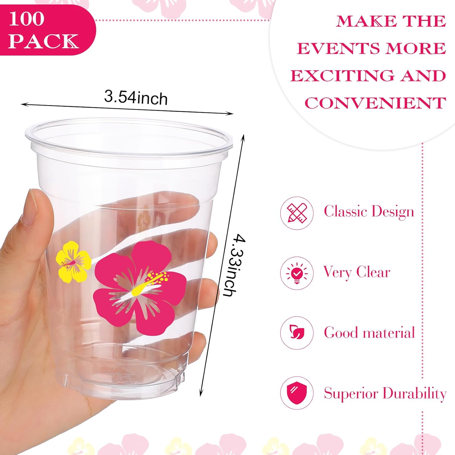 meekoo 100 Pack 12 oz Clear Disposable Luau Cups Hawaiian Flamingo Disposable Plastic Pineapple Tropical Cups for Party Luau and Tiki Party Supplies Birthday Bachelorette Drinkware Decorations