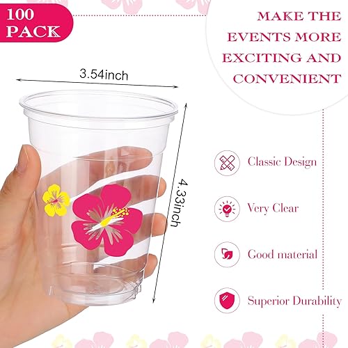 Miniatura 2 de meekoo Paquete de 100 tazas Luau desechables transparentes de 12 onzas líquidas de flamenco hawaiano desechables de plástico con piñas tropicales