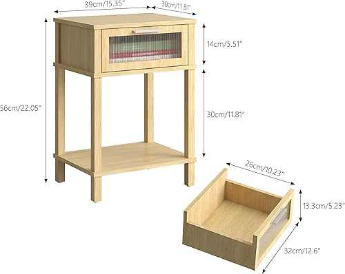 Miniatura 3 de Mesita de noche de madera con cajón, mesita de noche de madera natural, estilo moderno, mesa auxiliar pequeña con estante de almacenamiento para
