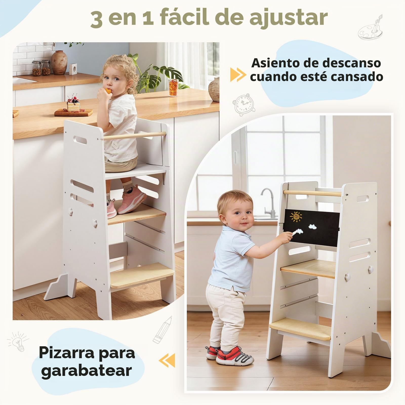 Labebe Torre de Aprendizaje para Niños Desde 1 Año, Learning Tower 3 en 1 con Pizarra y Asiento, Torre de Aprendizaje Ajustable en 3 Alturas, Ayudante de Cocina Seguro de Madera