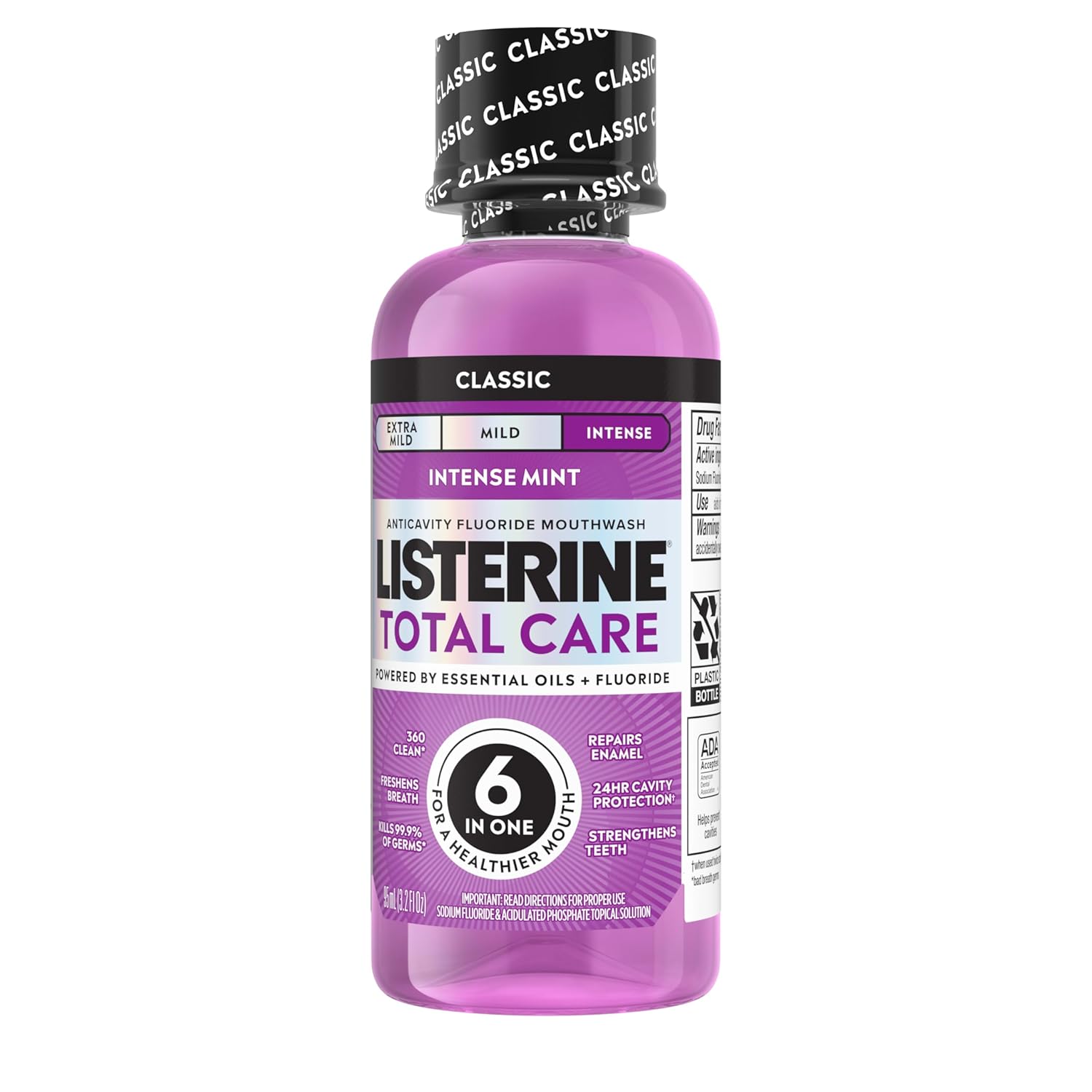 Listerine Total Care Intense Anticavity Fluoride Mouthwash, 6 Benefits in 1 Oral Rinse Helps Kill 99% of Bad Breath Germs, Prevents Cavities, Provides 360 Clean*, ADA-Accepted, Intense Mint, 95 mL