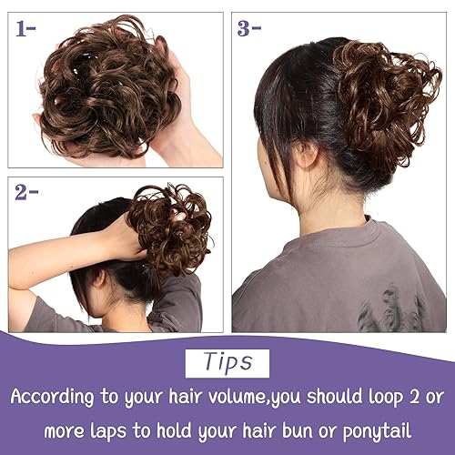 Miniatura 4 de 4 piezas de moño de pelo liso para mujer, extensiones de cabello corto, moño elástico, fácil de coleta, accesorio para el cabello rizado voluminoso,