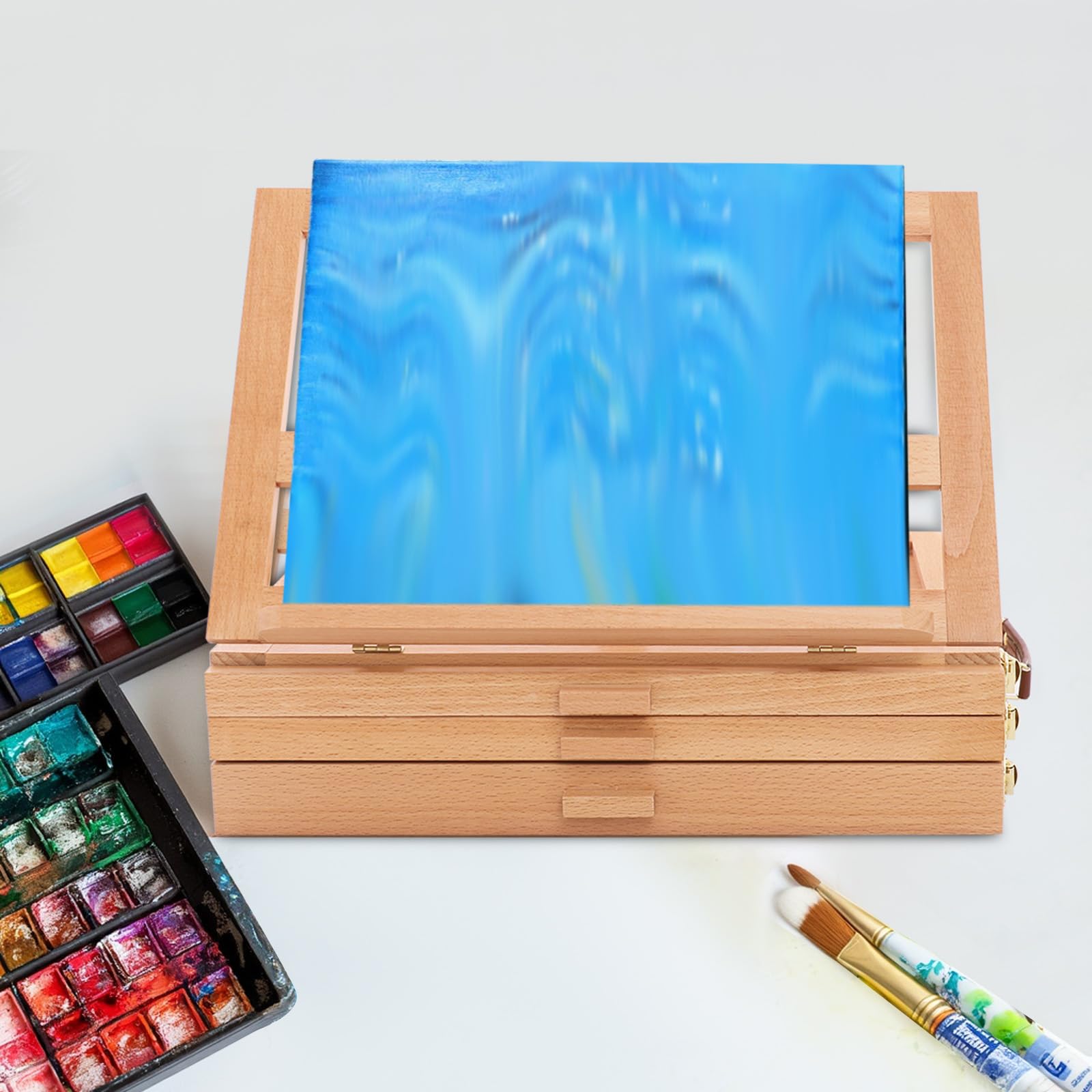 Supporto da disegno con cassetti in legno di faggio, pieghevole e regolabile