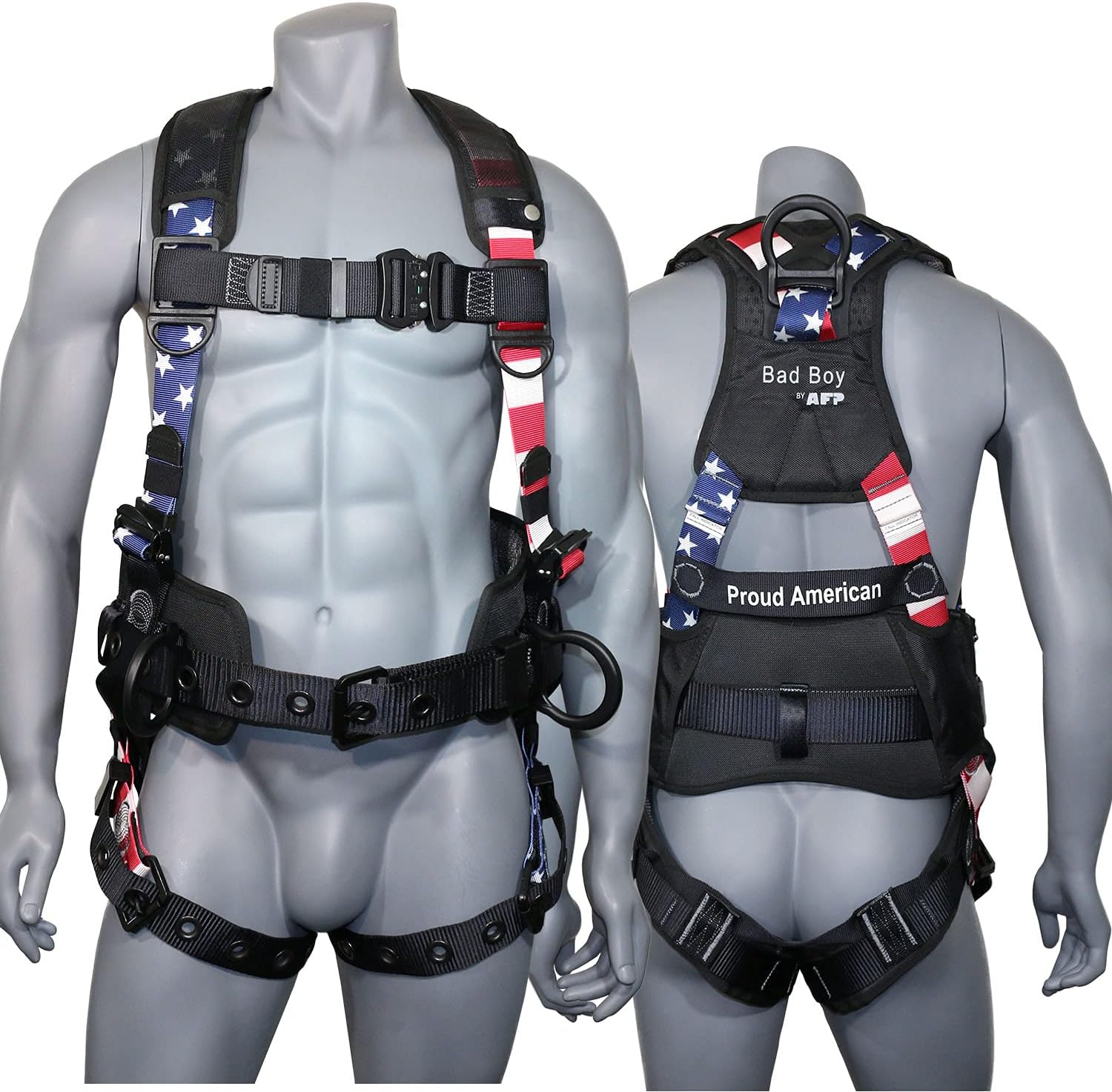 AFP Fall Protection Full-Body Premium American Flag Safety Harness, Vented & Padded Shoulder, Legs & Back, 8” Thick Back Support Belt, Aluminum D-Rings, Tongue Buckle, Quick Release (OSHA/ANSI PPE) - - 