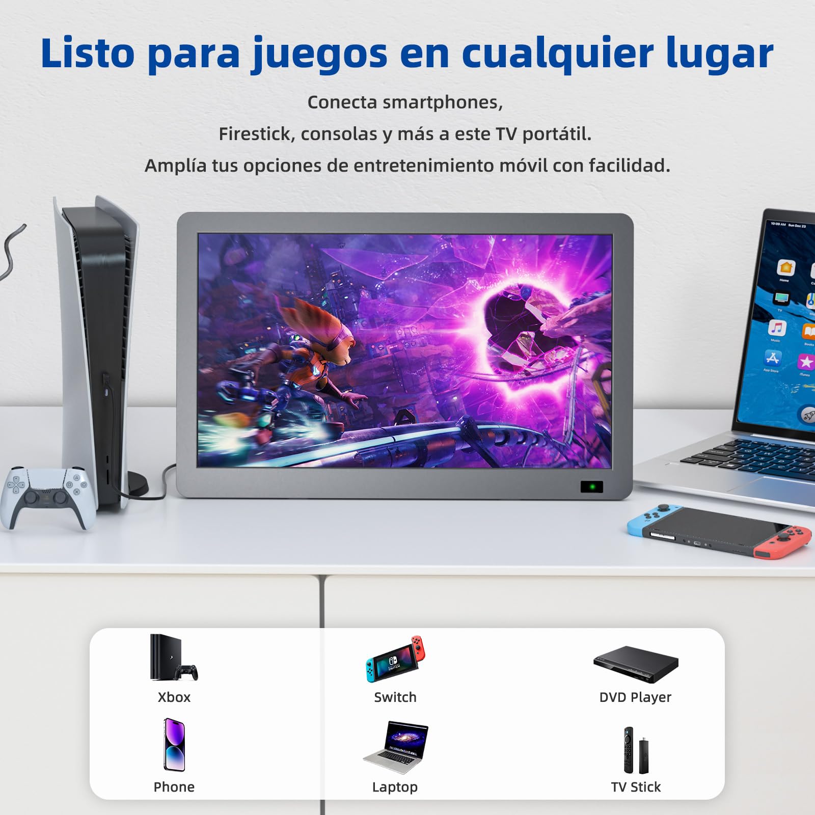 Desobry Televisor portátil de 14,3 Pulgadas con Antena, Pequeño televisor portátil con sintonizador DVB-T2, Mini televisor LCD Que se Carga con Pilas
