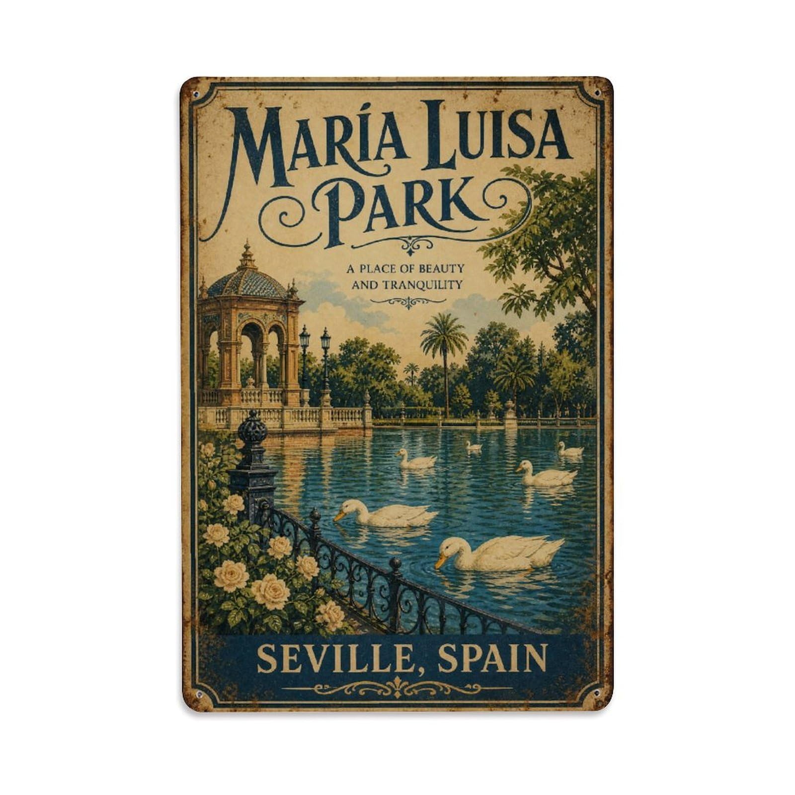 Vintage Maria Luisa Park Pond Ducks Peaceful Spain Metal Tin Sign