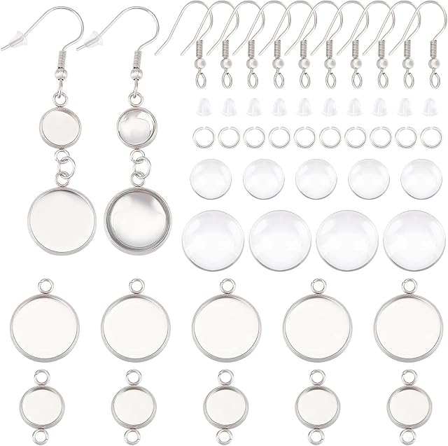 DICOSMETIC 160Pcs Stainless Steel DIY Round Cabochon Earring Making Kit Earring Hooks/Cabochon Connector Settings/Jump Rings/Glass Cabochons for Earrings Jewelry Making