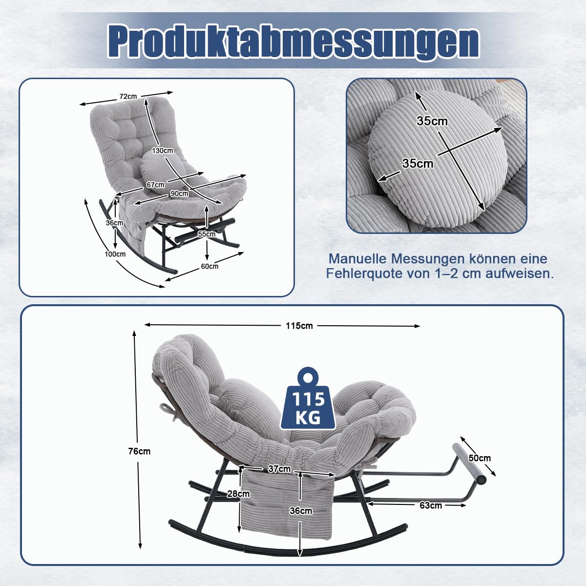 Schaukelstuhl mit Verlängerbarer Fußhocker, Indoor & Outdoor-Rattansessel ohne Armlehnen mit Kissen und Seitentasche, Rutschfesten Füßen, für Wohnzimmer, Balkon, Schlafzimmer, Hellgrau Cord