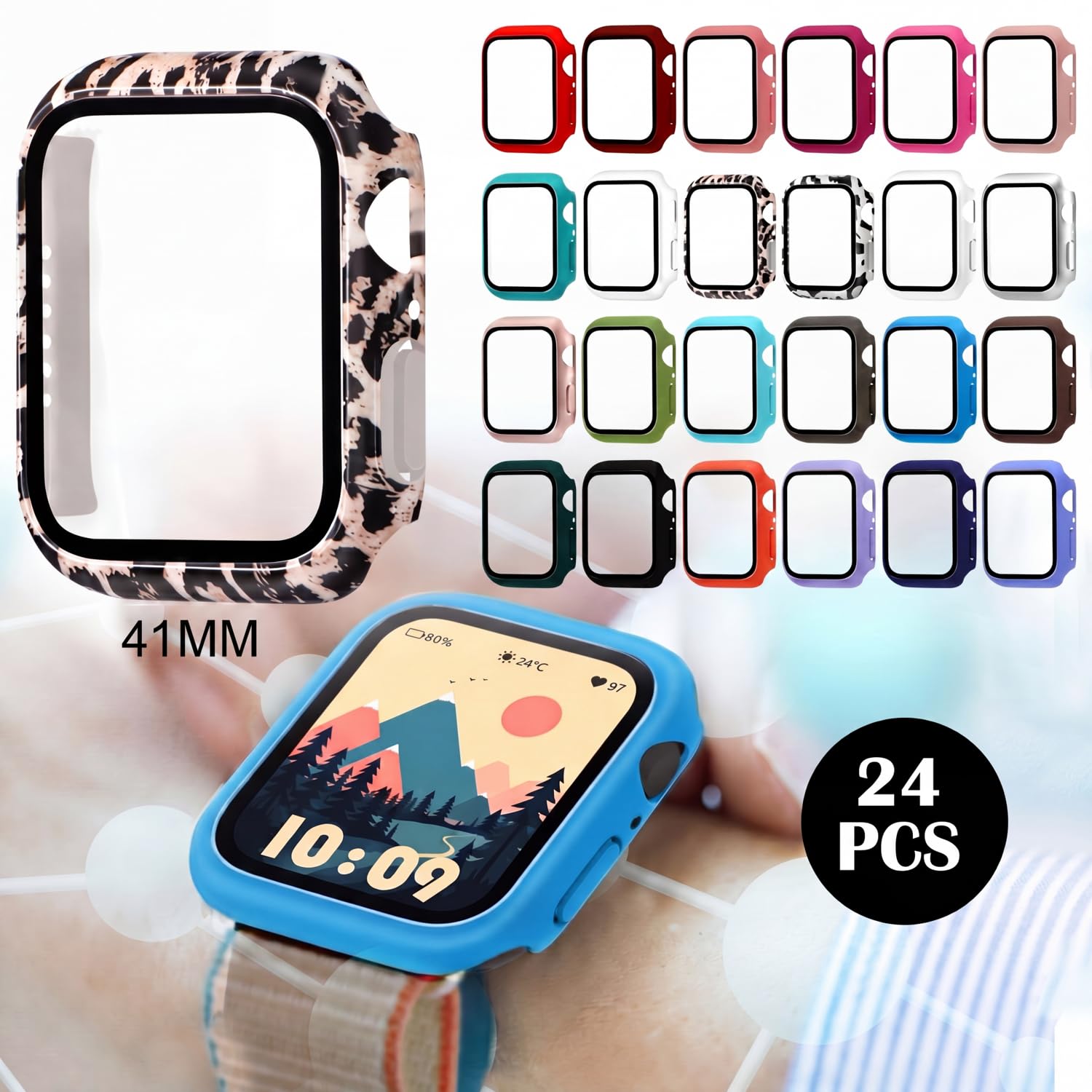 Sieral 24 pellicole protettive per smart watch, custodia rigida in policarbonato con custodia protettiva in vetro temperato, compatibile con iWatch per uomini e donne, colori assortiti (41 mm)