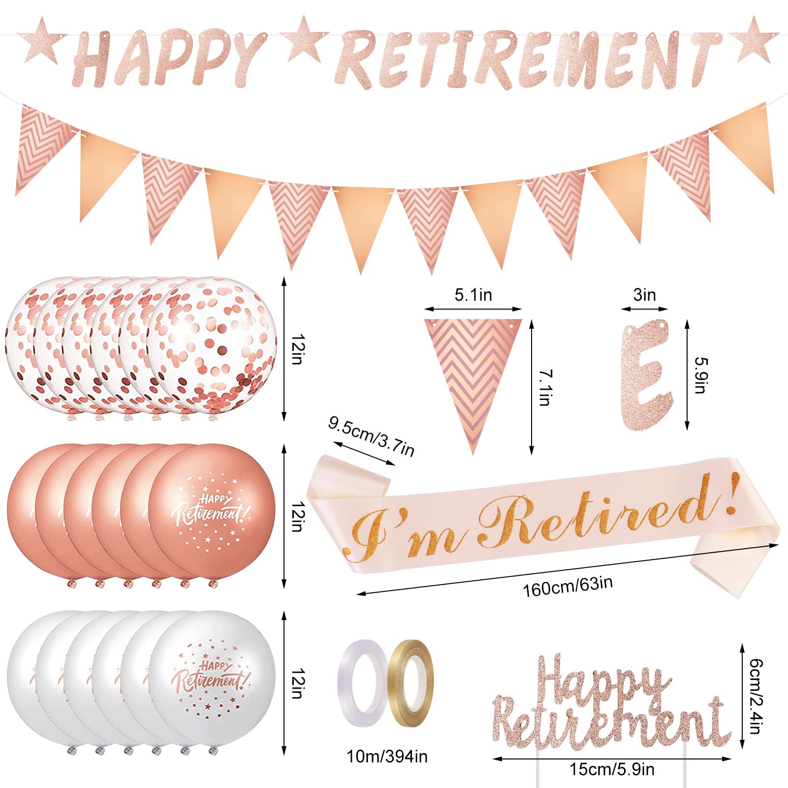 Set Decorazioni Pensione Oro Rosa – Striscione Happy Retirement, Palloncini, Topper Torta E Cupcake