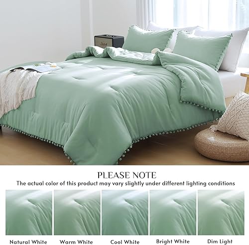 Miniatura 6 de JOLLYVOGUE Juego de edredón King de 3 piezas, ropa de cama verde salvia en una bolsa, juego de ropa de cama bohemio con pompones para todas las