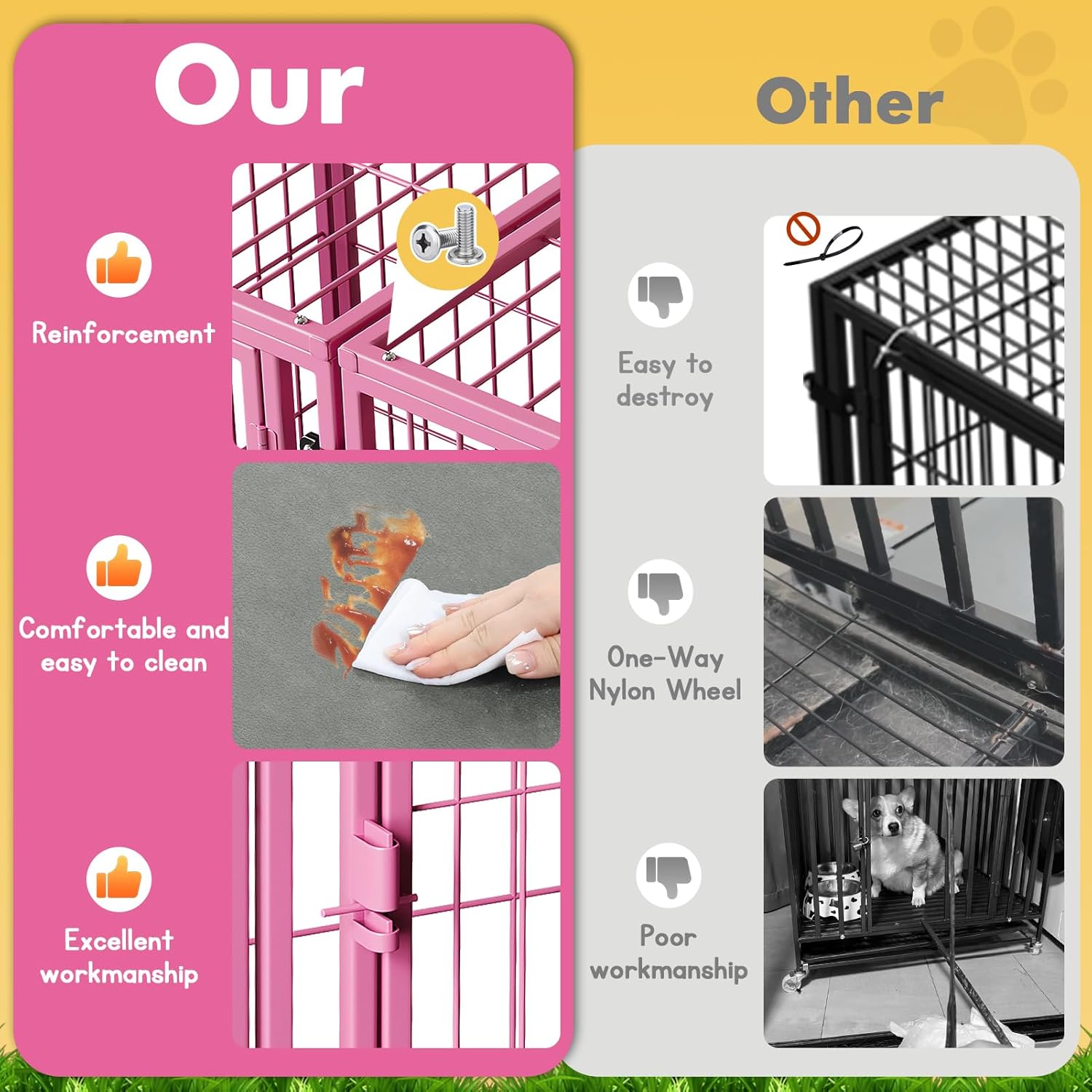 XPIY Large Dog Crate – 57 Inch Metal Kennel for Medium and Small Dogs, Safe Indoor & Outdoor XL Big Puppy Bottomless Cage with Comfort Mat, Pet Playpen Yard, Dog Fence Playpen (Pink)