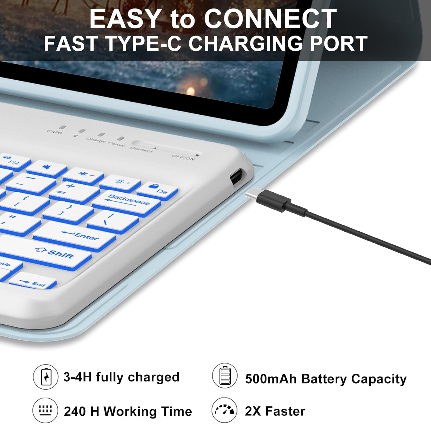 IVEOPPE Keyboard Case for Xiaomi Redmi Pad Pro 12.1 Inch 2024/Xiaomi Poco Pad 12.1", 7 Colors Backlit, Detachable Bluetooth Wireless Keyboard Slim PU Stand Cover with Pencil Holder,Light Blue