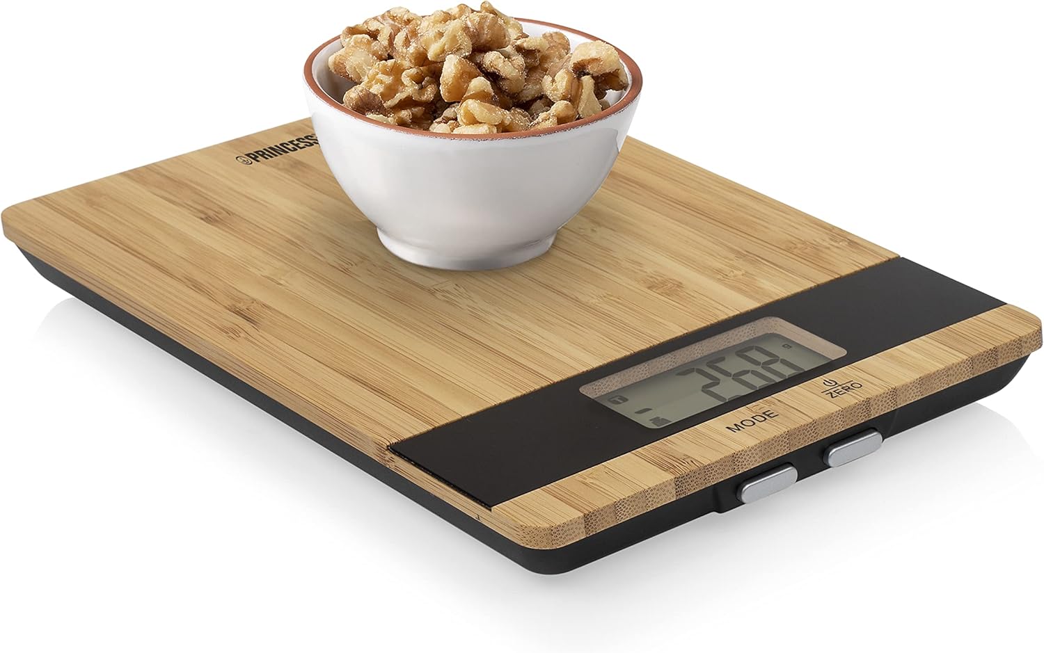 Princess kitchen scale with a bowl of walnuts being weighed, showing 268g on the display.