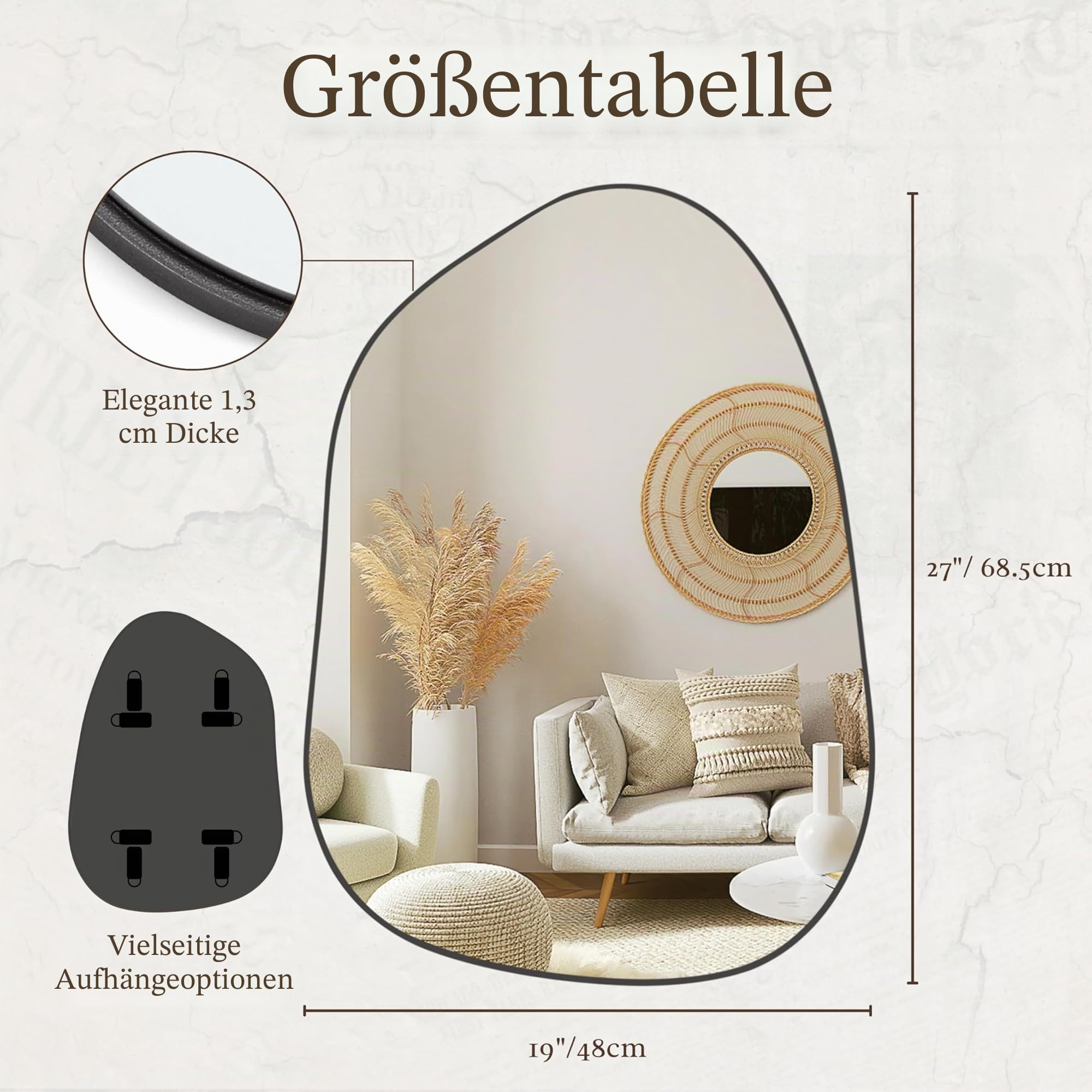 PERFNIQUE Asymmetrischer Spiegel 69 x 48 cm, Schwarz Unregelmäßiger Wandspiegel, Modernes Dekorativ für Wohnzimmer, Badezimmer, Schlafzimmer, Eingangsbereich