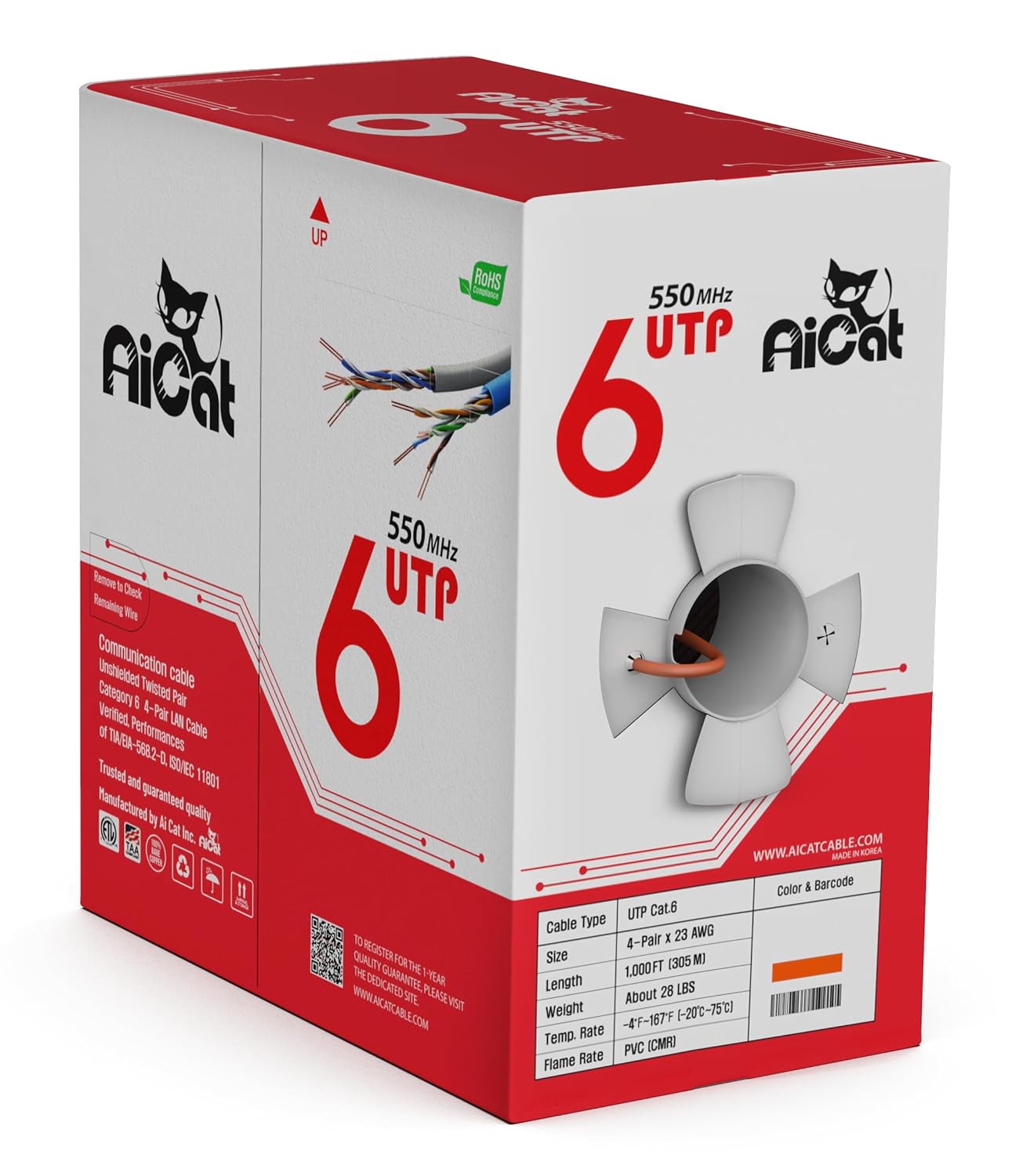 AiCat Cat 6 Ethernet Cable 1000ft - 23 AWG, CMR, Insulated Solid Bare Copper Wire Cat6 Cable with Noise Reducing Cross Separator - 550MHZ / 10 Gigabit Speed, PoE++, UTP LAN Cable (Orange)