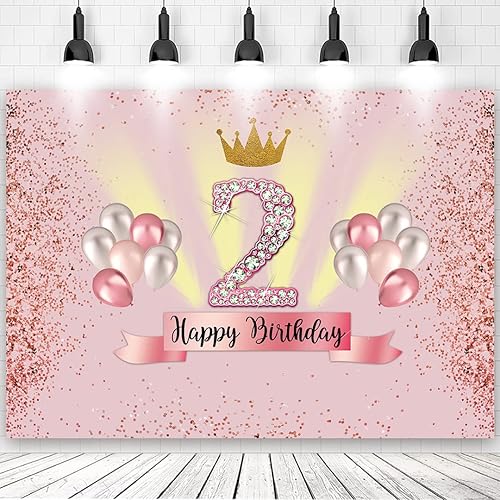 Decoración de feliz segundo cumpleaños de 7 x 5 pies para fiesta de niña, telón de fondo de fotografía para fiesta de cumpleaños de 2 años de edad,