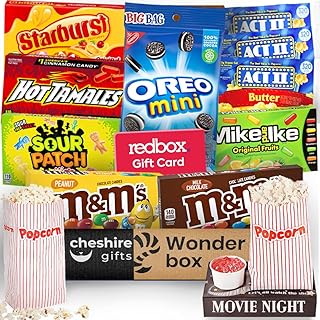 Redbox Movie Night Gift Baskets – includes Movie Snack Trays, Candy Variety Pack, Movie Theater Popcorn Buckets & Movie Gi...