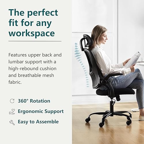 Miniatura 4 de NEWBULIG Silla ergonómica de escritorio de oficina, respaldo alto, malla para tareas de computadora con cómodo soporte lumbar, reposacabezas