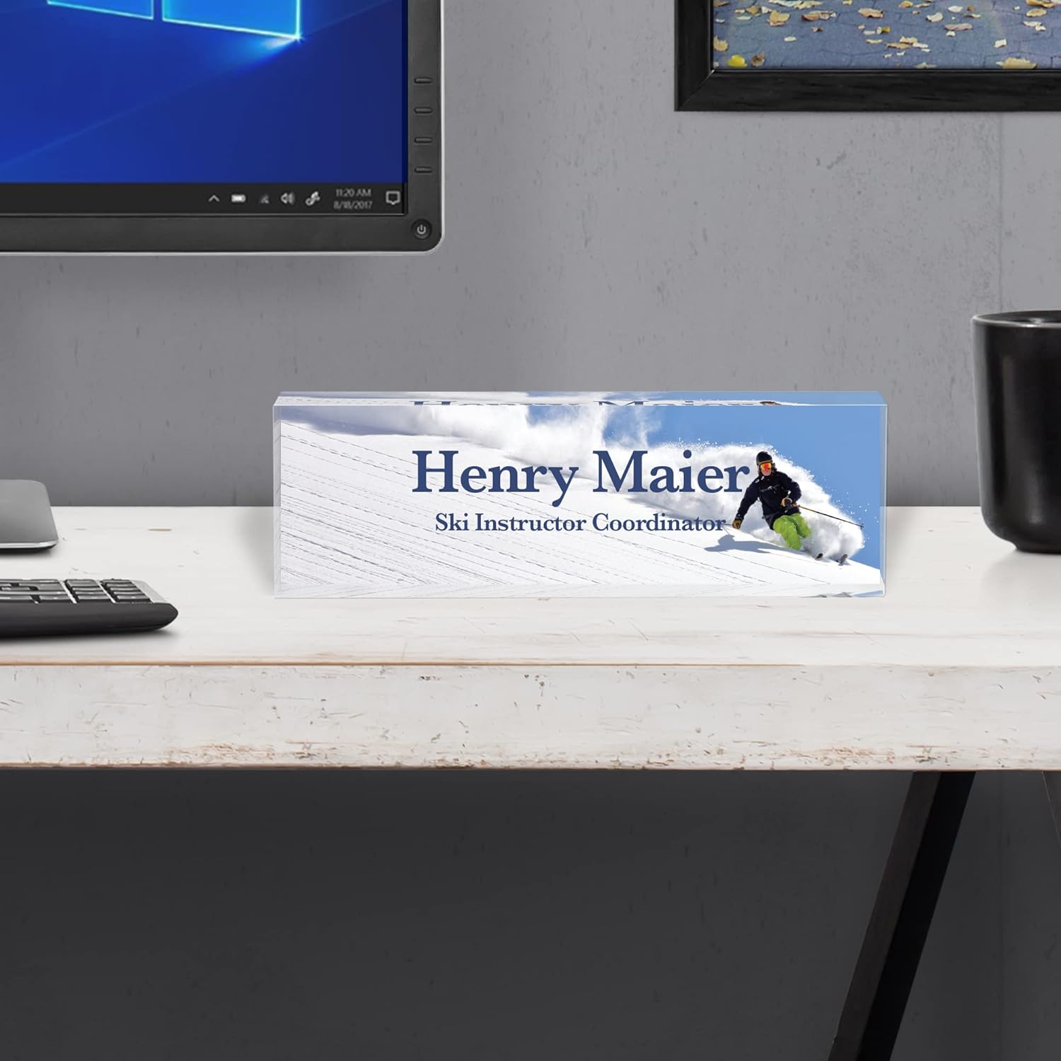 Infusion Personalized Office Desk Name Plate Acrylic Glass Block (10 x 3 x 1.25'', Skiier)