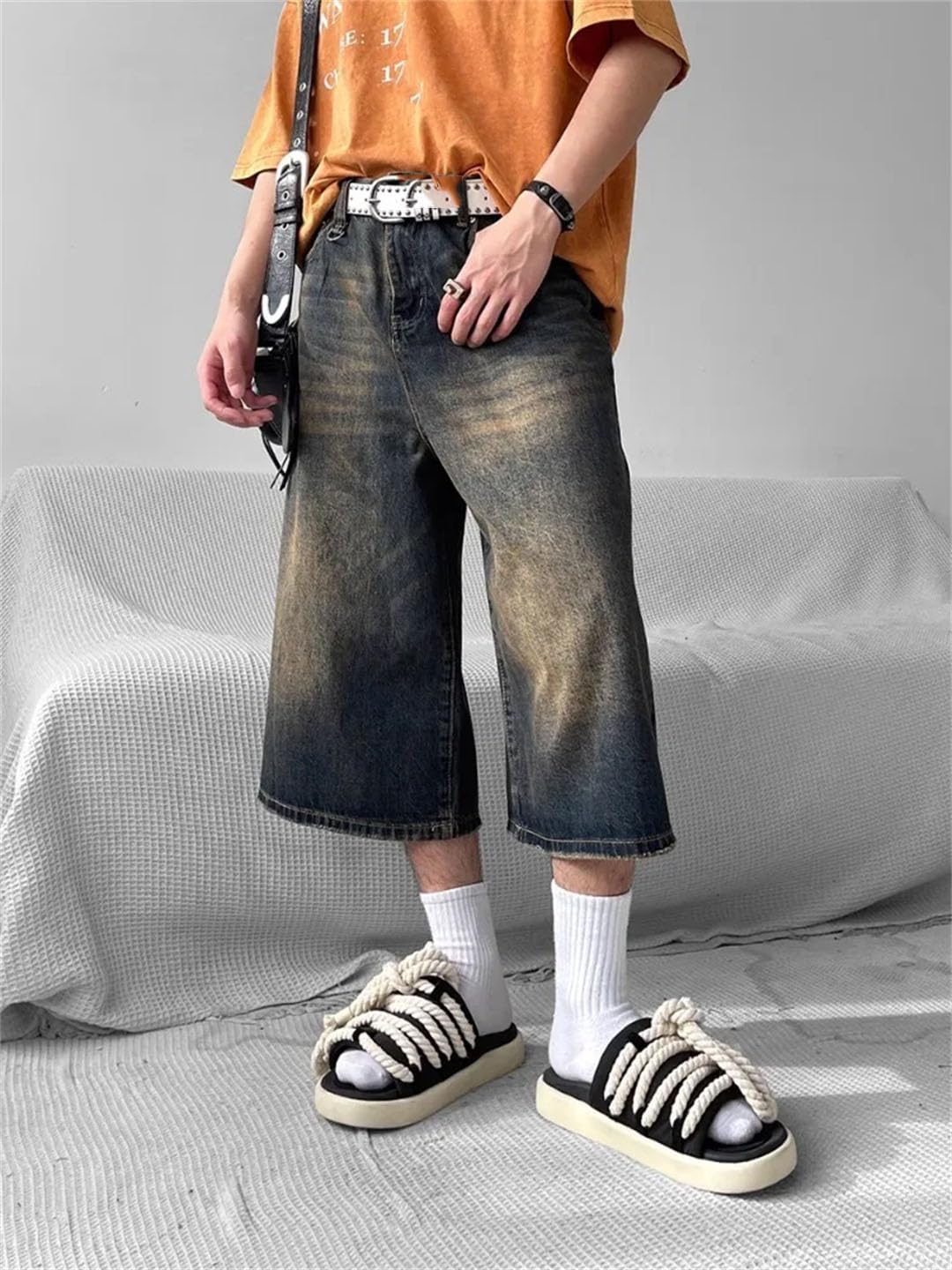Damskie szorty retro z wysokim stanem proste kieszenie hip-hop szorty streetwear spodnie dżinsowe