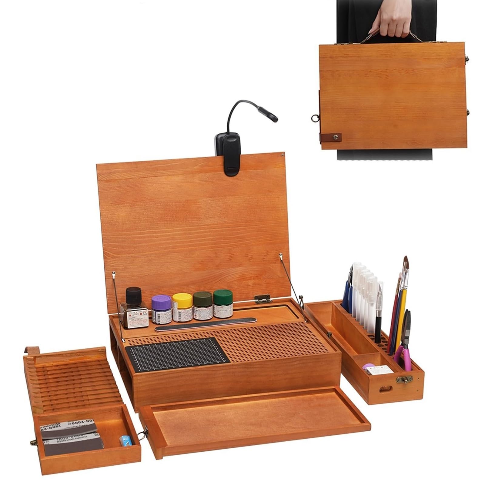 Banco de Trabajo para modelismo, Mesa de Trabajo Plegable para construcción de maquetas con luz LED y Alfombrilla de Corte A5, Kit Organizador de Modelos en Miniatura para Manualidades