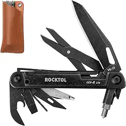 ROCKTOL Faca de bolso Multitool Gen-R Lite, Retro Black EDC VG10, Multiferramenta compacta 15 em 1 com chave de fenda, tesoura grande, disjuntor de vidro, bainha de couro, leve para caminhadas