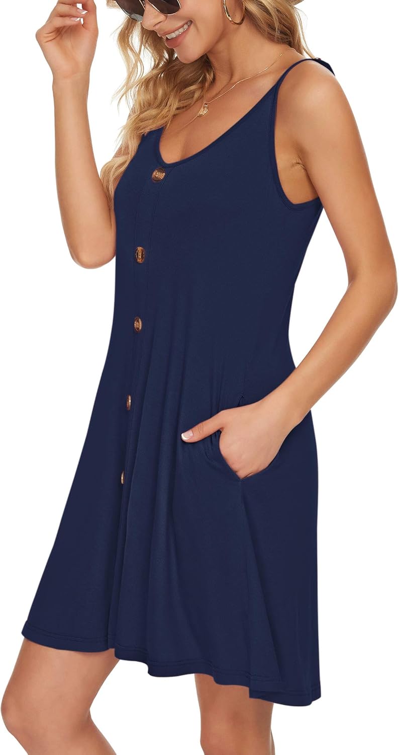 WNEEDU Women's Summer Spaghetti Strap Button Down V Neck Casual Beach Cover Up Dress with Pockets