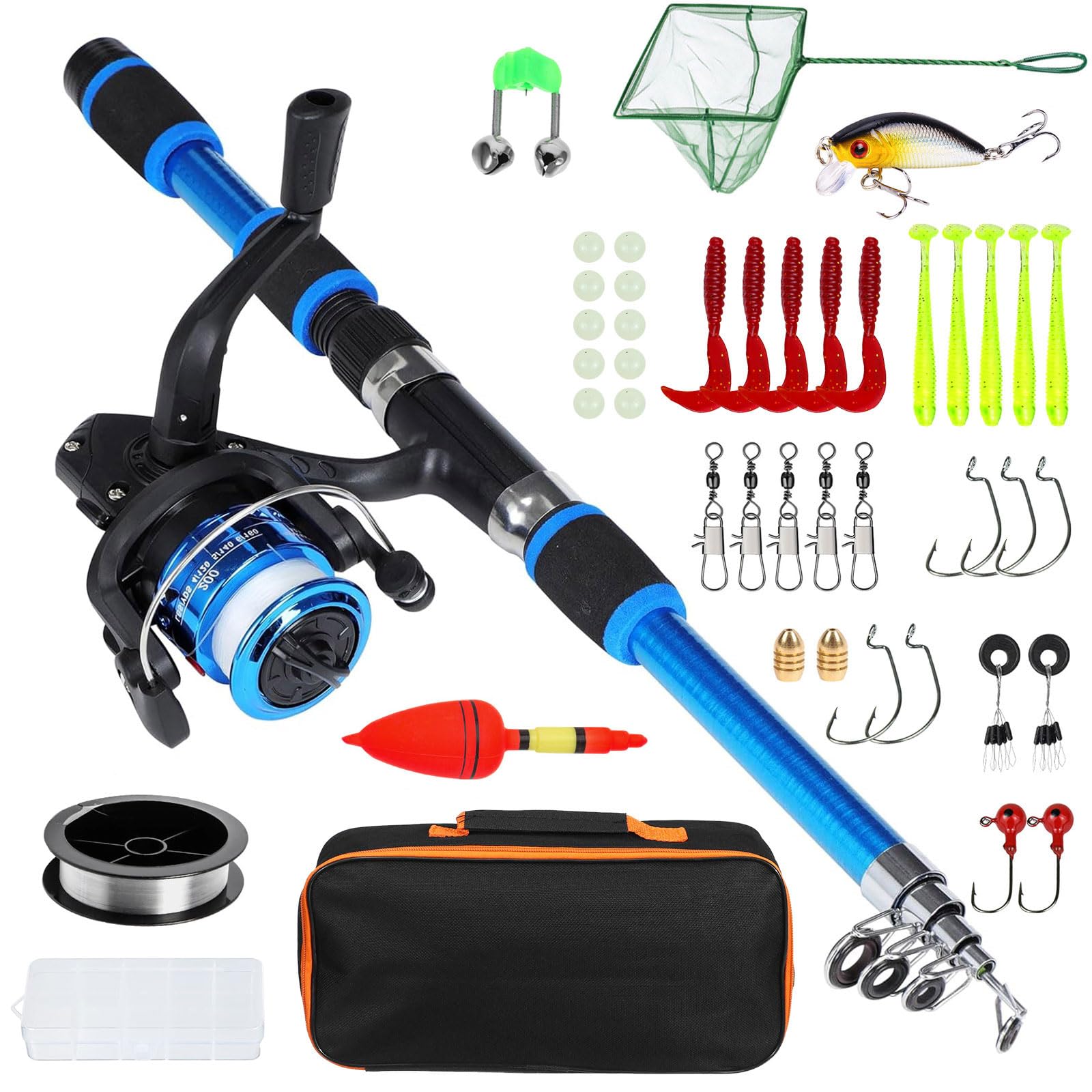 Juego de Caña de Pescar para Niños Principiantes, Kit de Pesca Completo con 1.8m Caña de Pescar Telescópica Carrete Spinning Señuelos 100 m Sedal Sacadera de Pesca y Bolsa de Transporte