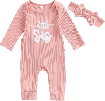 Infant Girl Outfit Letters Embroidery Striped Waffle Knit Romper Headband | Premium cotton blend fabric,cute ruffled round neck styling,convenient bottom snaps,Very suitable as a holiday gift newborns