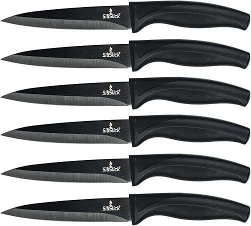 Miniatura 11 de SiliSlick Juego de cuchillos para carne de acero inoxidable, cuchillos de cocina coloridos con revestimiento de titanio con borde recto, suave y
