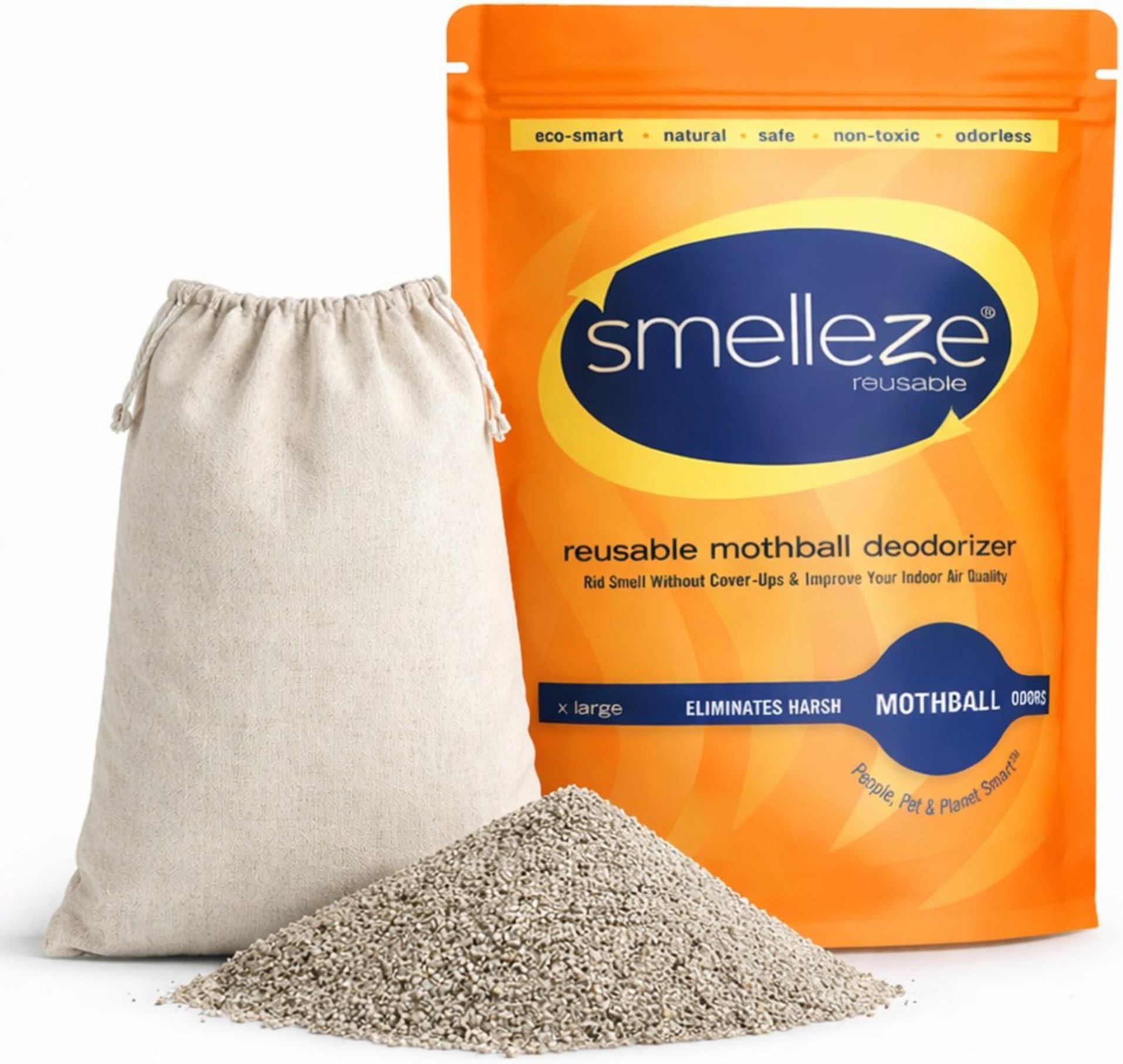 SMELLEZE Natural Mothball Smell Remover Pouch - Reusable Odor Eliminator for Closets, Basements, Furniture & Drawers - Eco-Friendly Formula - Unscented & Safe - Covers 375 sq. ft.