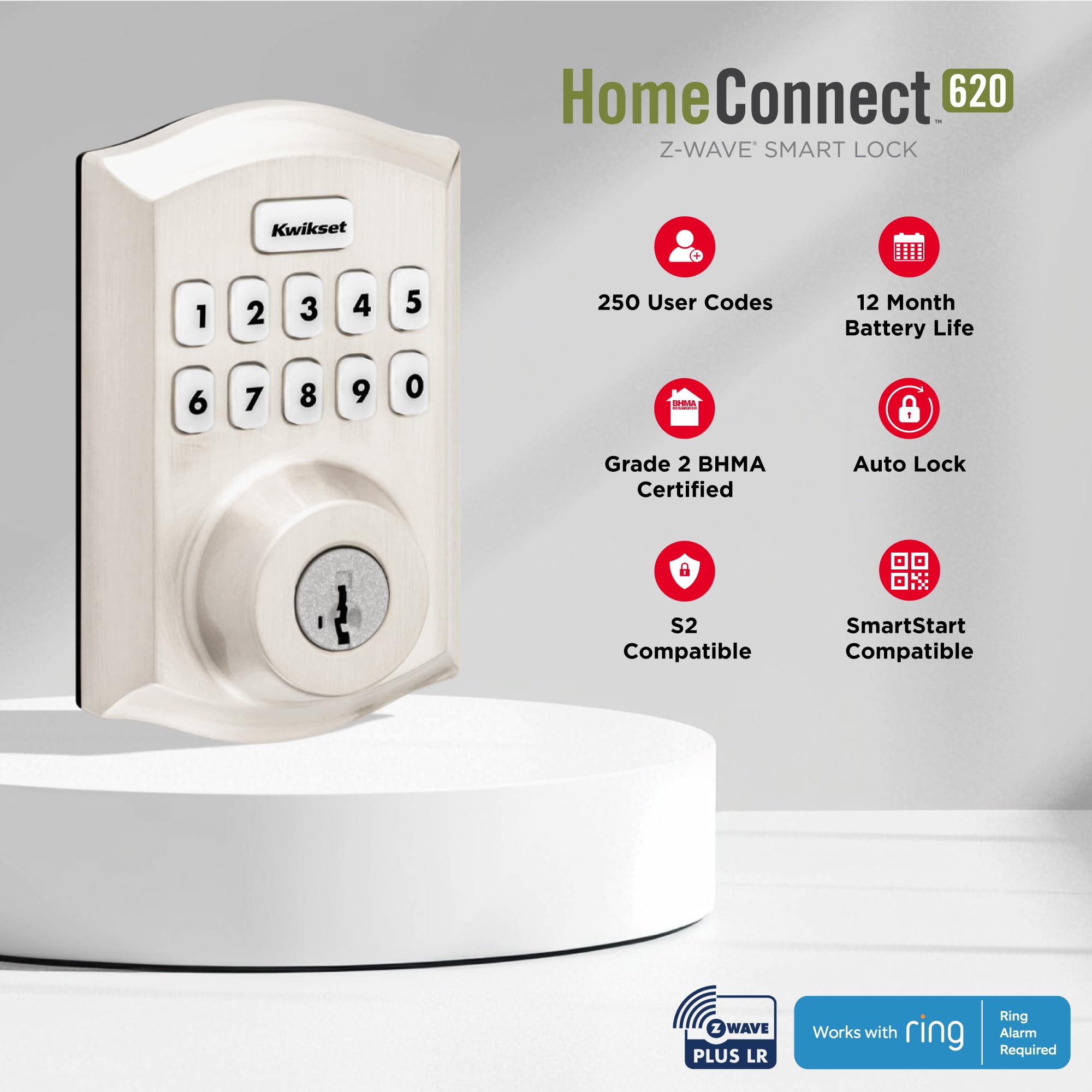 Kwikset HomeConnect 620 Z-Wave Serrure intelligente à clavier longue portée Entrée sans clé pratique Codes utilisateur personnalisables Compatible avec alarme Ring Alarm Hub requis Vendu séparément