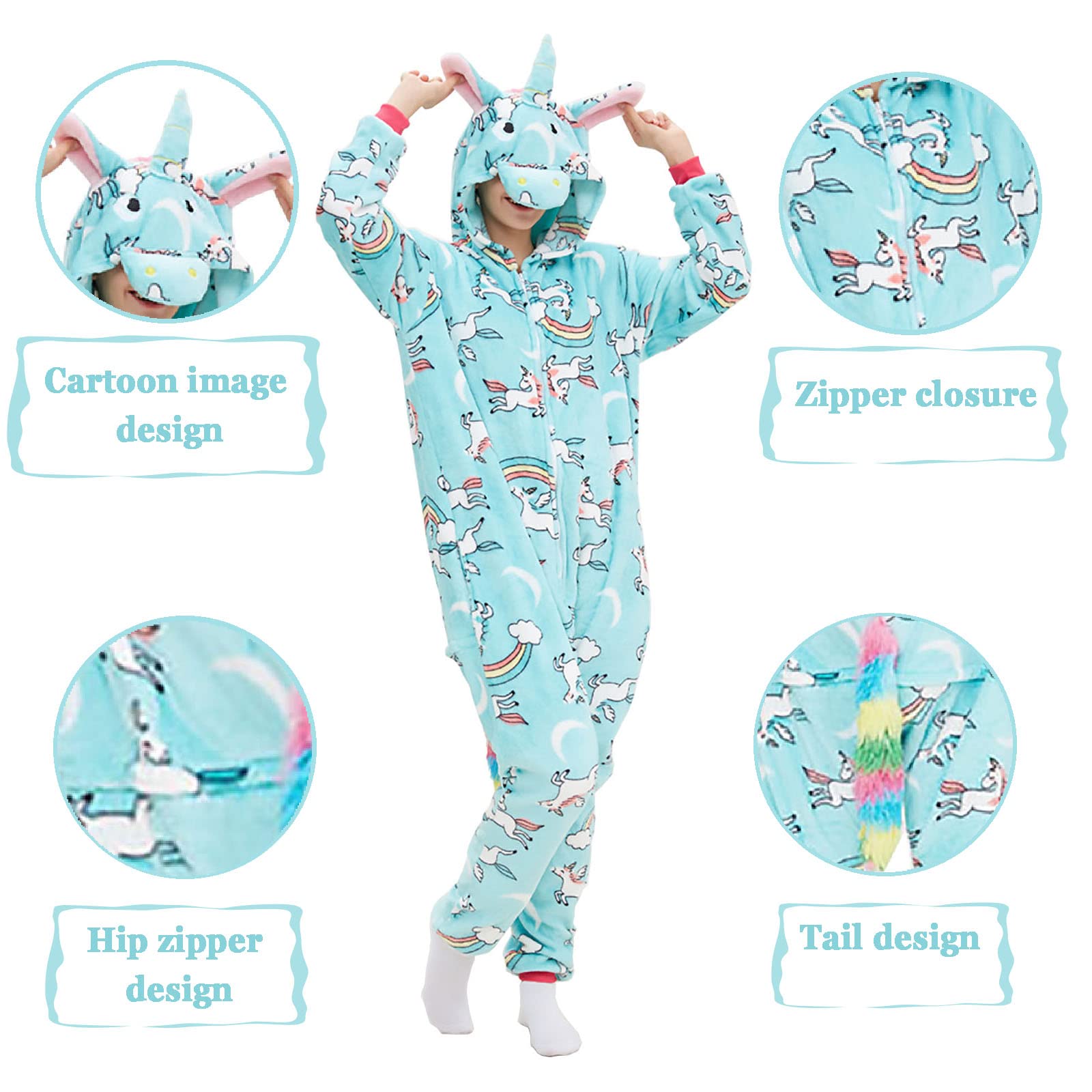 SLDAGe Een Stuk Cartoon Pyjama, Volwassenen Hooded Animal Nachtkleding Onesies Grappige Cosplay Kostuum voor Christmas Party Carnaval Kostuum Gift,Blauw,M