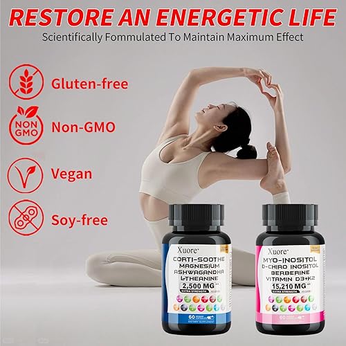 Miniatura 6 de Paquete de suplemento de cortisol y mio-inositol con ashwagandha, magnesio, l-teanina, d-chiro inositol, folato, berberina, casteberry para aliviar