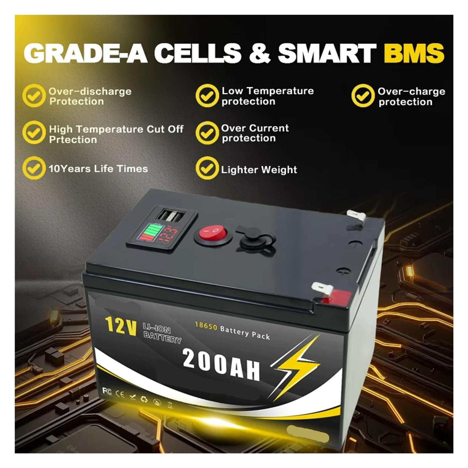 Batteria a ciclo profondo Batteria al litio 12V 200Ah LiFePO4 4000+ cicli profondi BMS incorporato,(12v 180Ah)