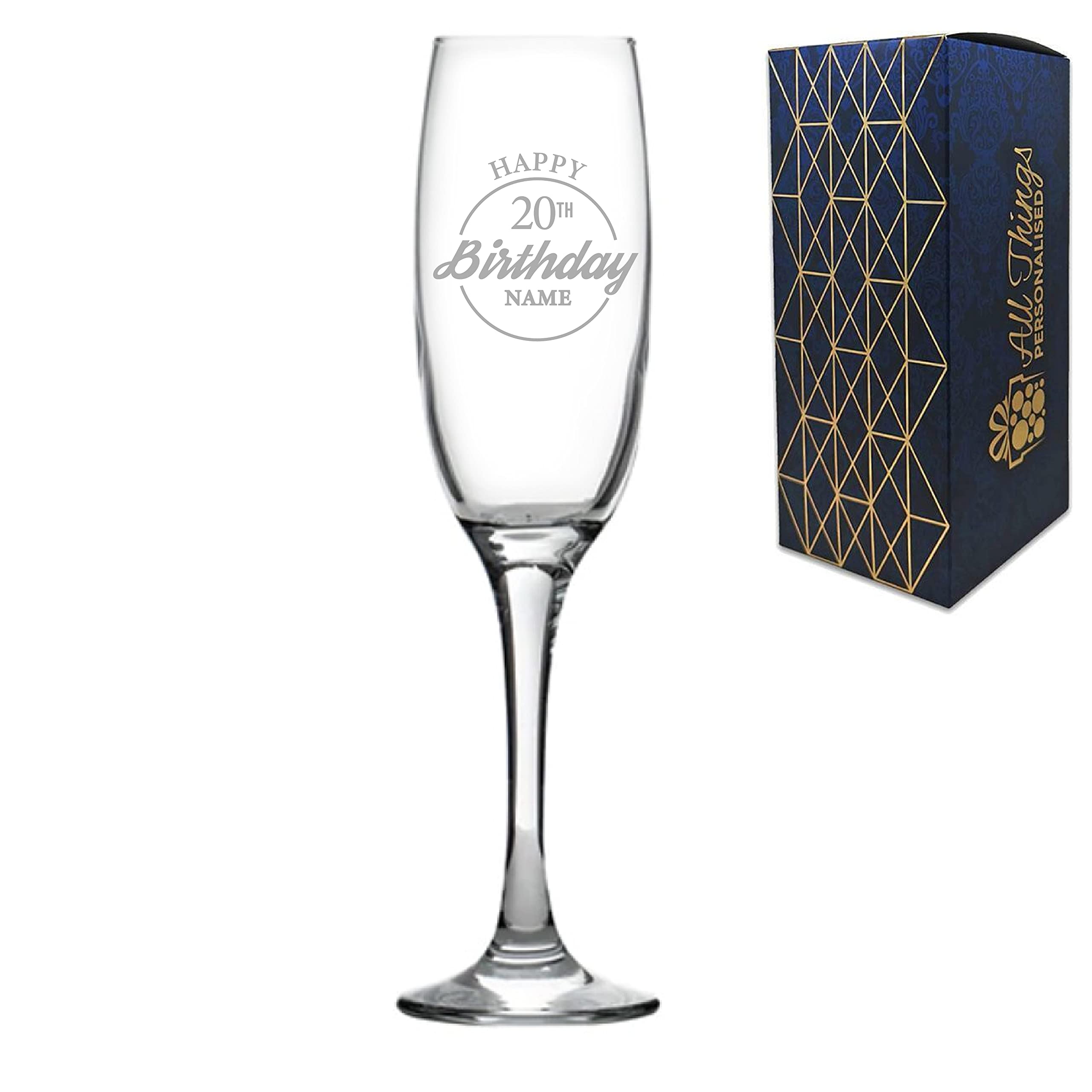 Personalised Engraved Champagne Flute Happy 20th Birthday Circle Design Gift BoxedGlass Holds 7.43oz/220ml, Customise with Any Name, Engraved in The UK