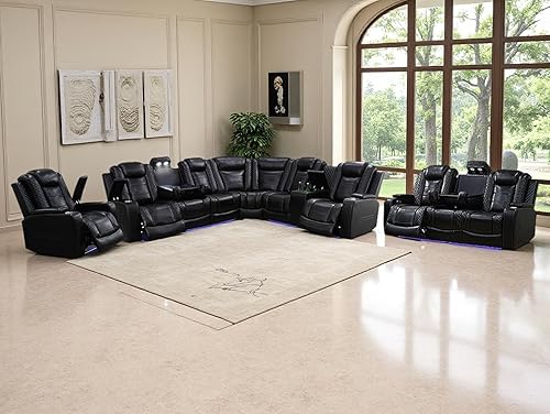 Miniatura 50 de Juego de sofá modular reclinable eléctrico, juegos de muebles de sala de estar, sofá reclinable seccional de cuero negro, sofá reclinable eléctrico