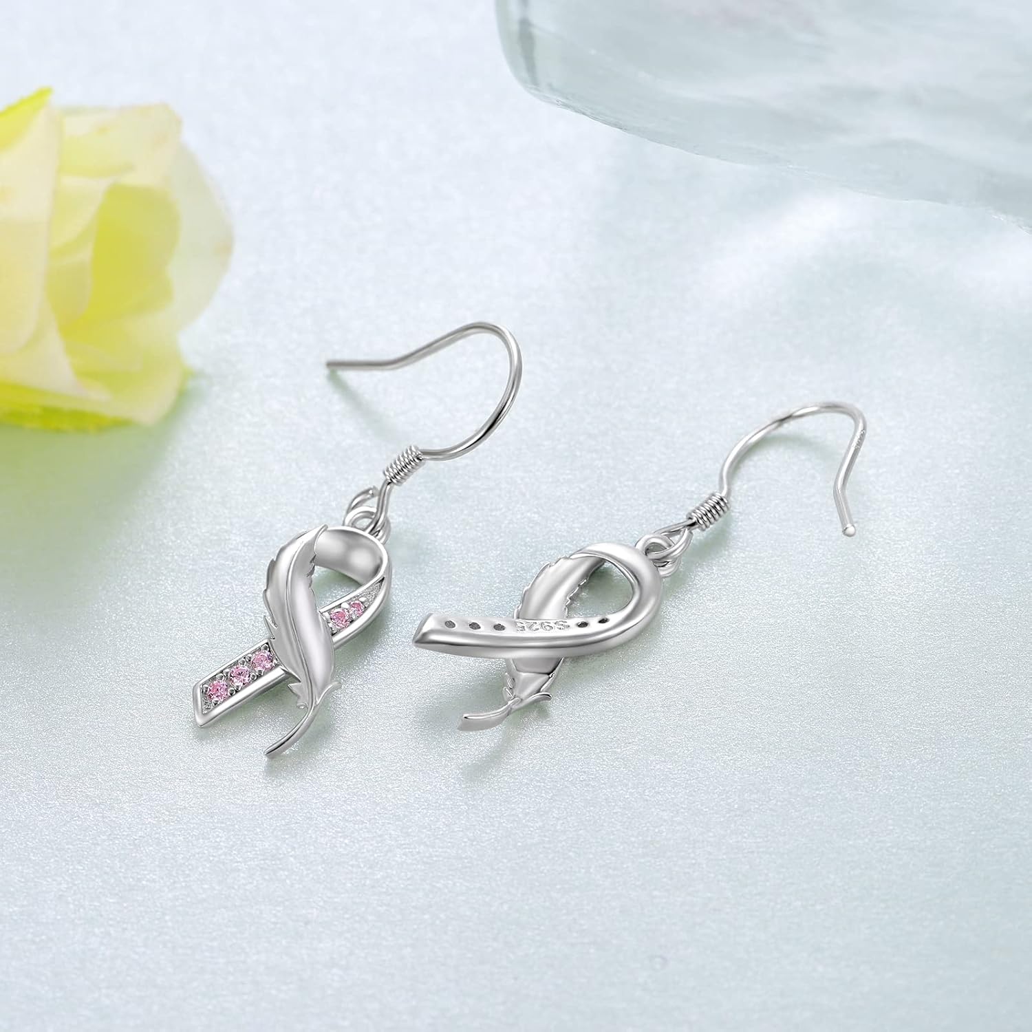 Breast Cancer Awareness Pink Ribbon Earrings 925 Sterling Silver Pink Ribbon Dangle Drop Earrings Breast Cancer Survivor Jewelry Gifts for Women - Image 3