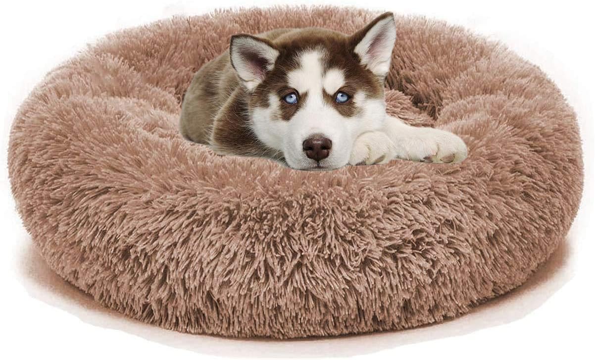 Donut Cat Dog Bed, Faux Fur Marshmellow Dog Cat Bed, Self Warming Cuddler Washable Round Pet Bed for Cats and Small Dogs (M(23inch), Coffee)
