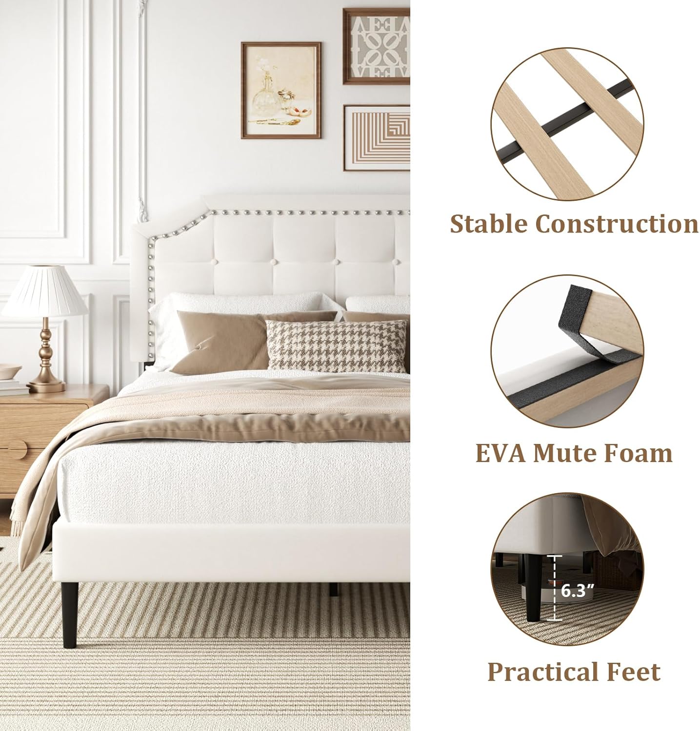 King Size Bed Frame, King Size Platform Bed Frame with Upholstered Button Tufted Headboard, Strong Wood Slats, No Box Spring Needed, Mattress Foundation, Easy Assembly Beige - Image 6