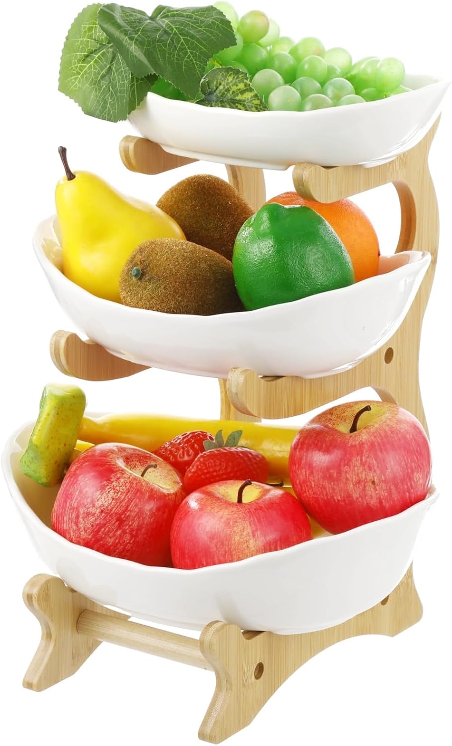 Joyibay 3 Tier Ceramic Fruit Bowl With Wood Stand for Kitchen Counter, Porcelain Fruit Basket Stand for Vegetable Snack Dessert Cake Tray Stand Plate Rack Fruit Holder Storage for Party Wedding