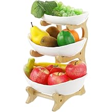Joyibay 3 Tier Ceramic Fruit Bowl With Wood Stand for Kitchen Counter, Porcelain Fruit Basket Stand for Vegetable Snack Dessert Cake Tray Stand Plate Rack Fruit Holder Storage for Party Wedding